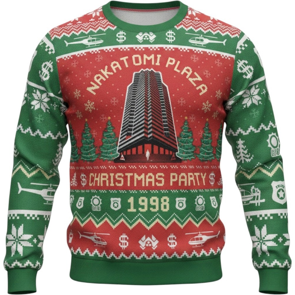 Die Hard Ugly Christmas Sweater Nakatomi Plaza Christmas Party 1998 Mens Medium - Picture 1 of 11